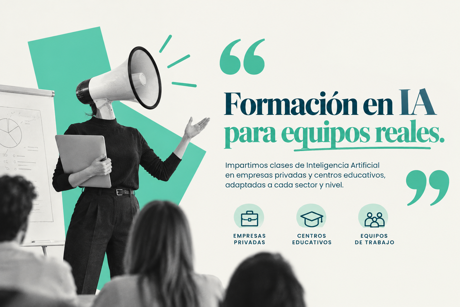 Imagen editorial de formación en inteligencia artificial con una profesora y un megáfono que oculta su rostro