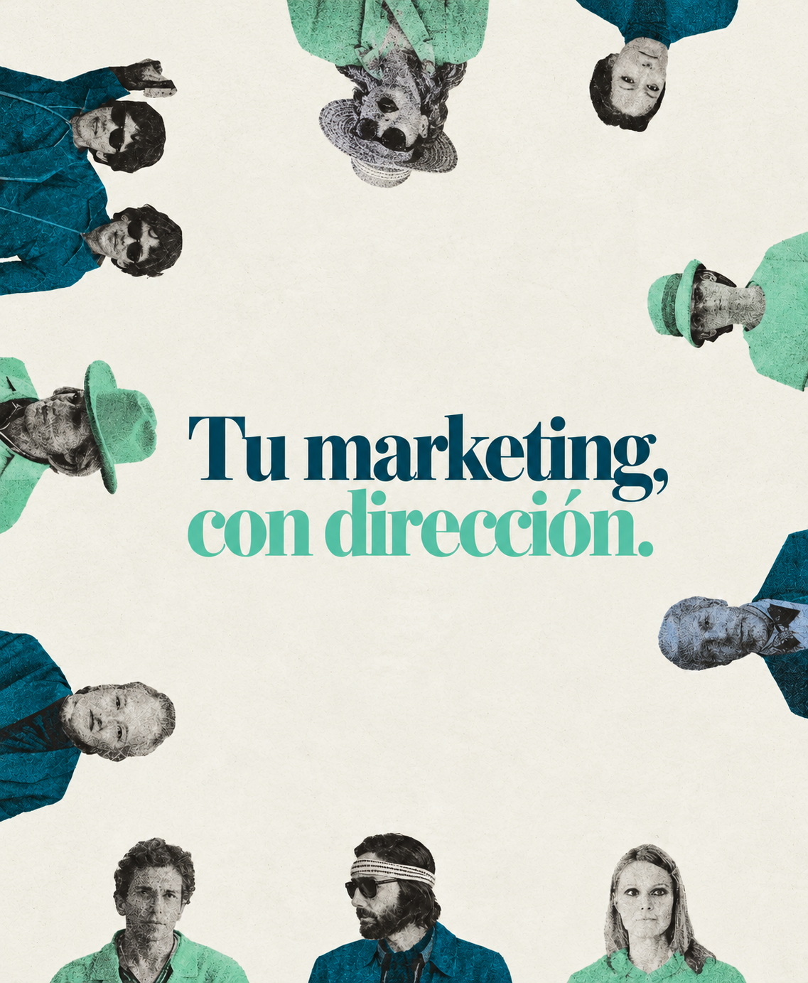 Collage de múltiples figuras vintage en azul petróleo y verde menta que representa un marketing accesible y con dirección